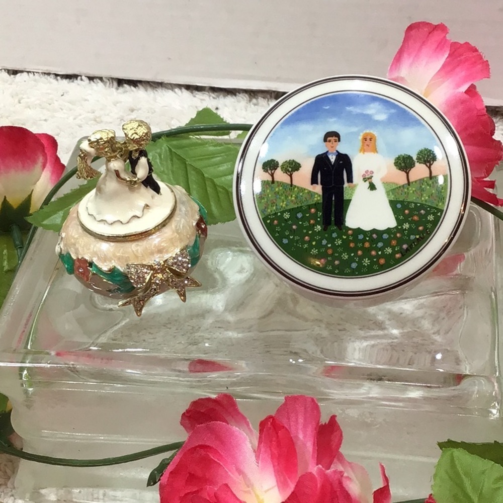(2) wedding trinket box set porcelain and metal